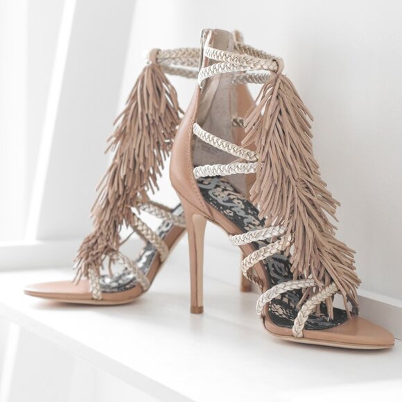 Sam Edelman Savannah Fringe Leather Heel Sandals - Picture 2 of 6
